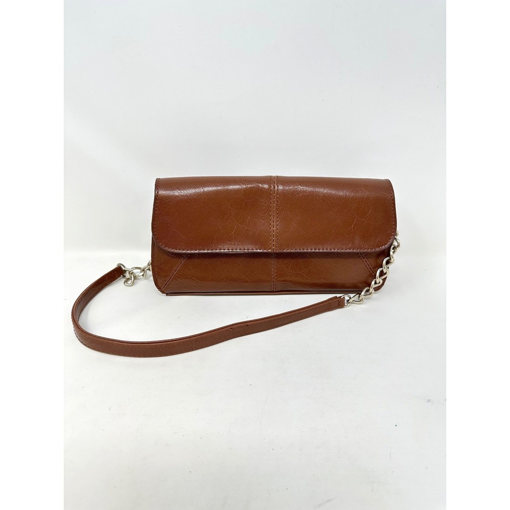 Vintage Liz Claiborne Chain Handle Leather‎ Clutch Shoulder Bag Brown